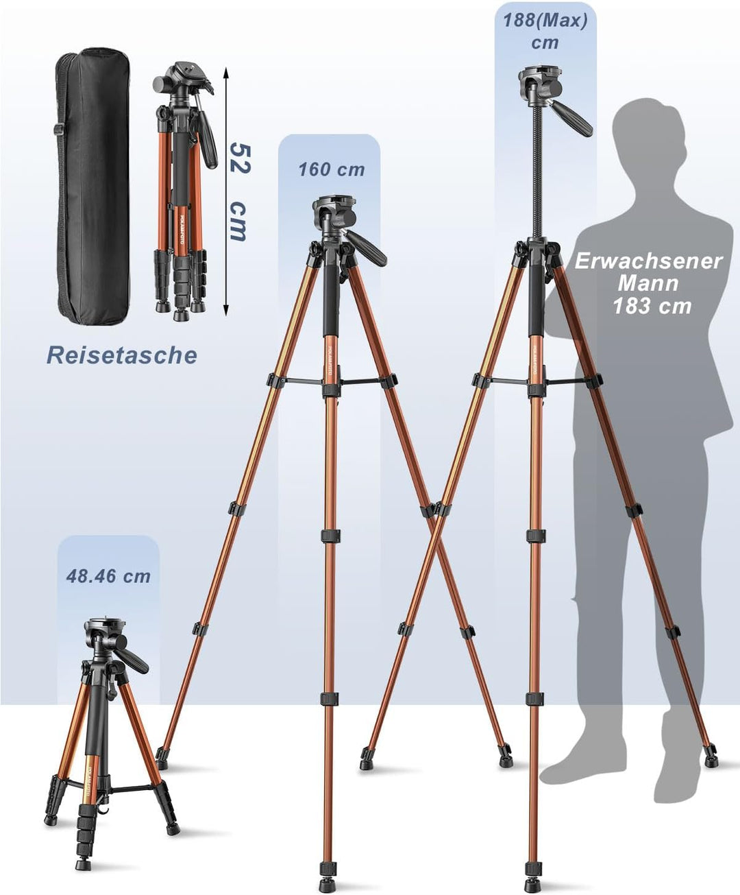 POLAM-FOTO Kamera stativ, 188 cm, Reisestativ mit Tragetasche, mit Handyhalterung, Aluminium, für Mi