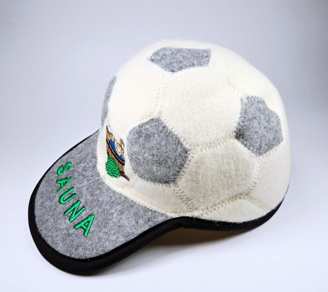 Sauna Mütze Saunahut aus 100% Wolle Organische Wollfilzmützen Fussballform, 6mm Dick, Grau-Weiss