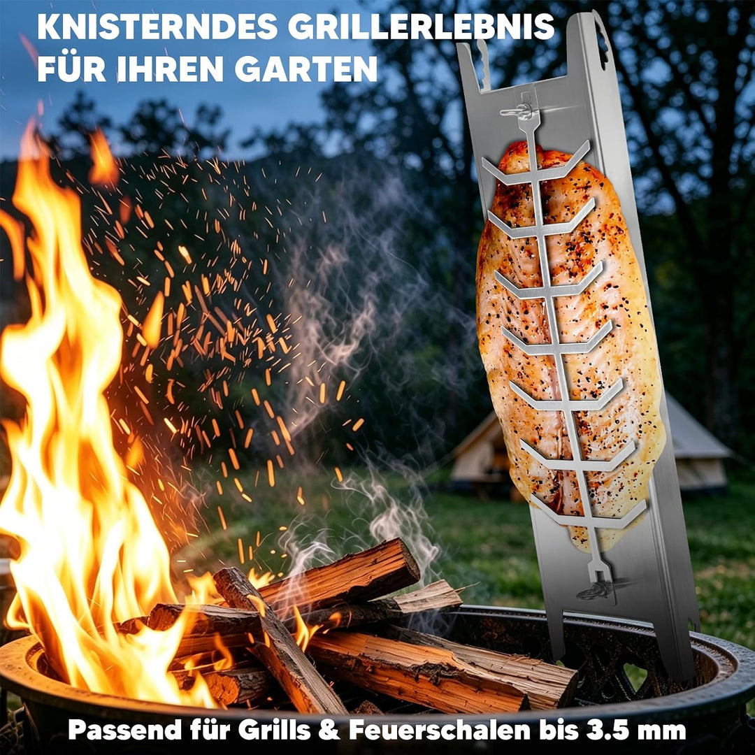 Flammlachshalter Edelstahl 59.5cm für Feuerschale &amp; Grill | Extra Breit 16cm, 180° drehbar, Lachsbre