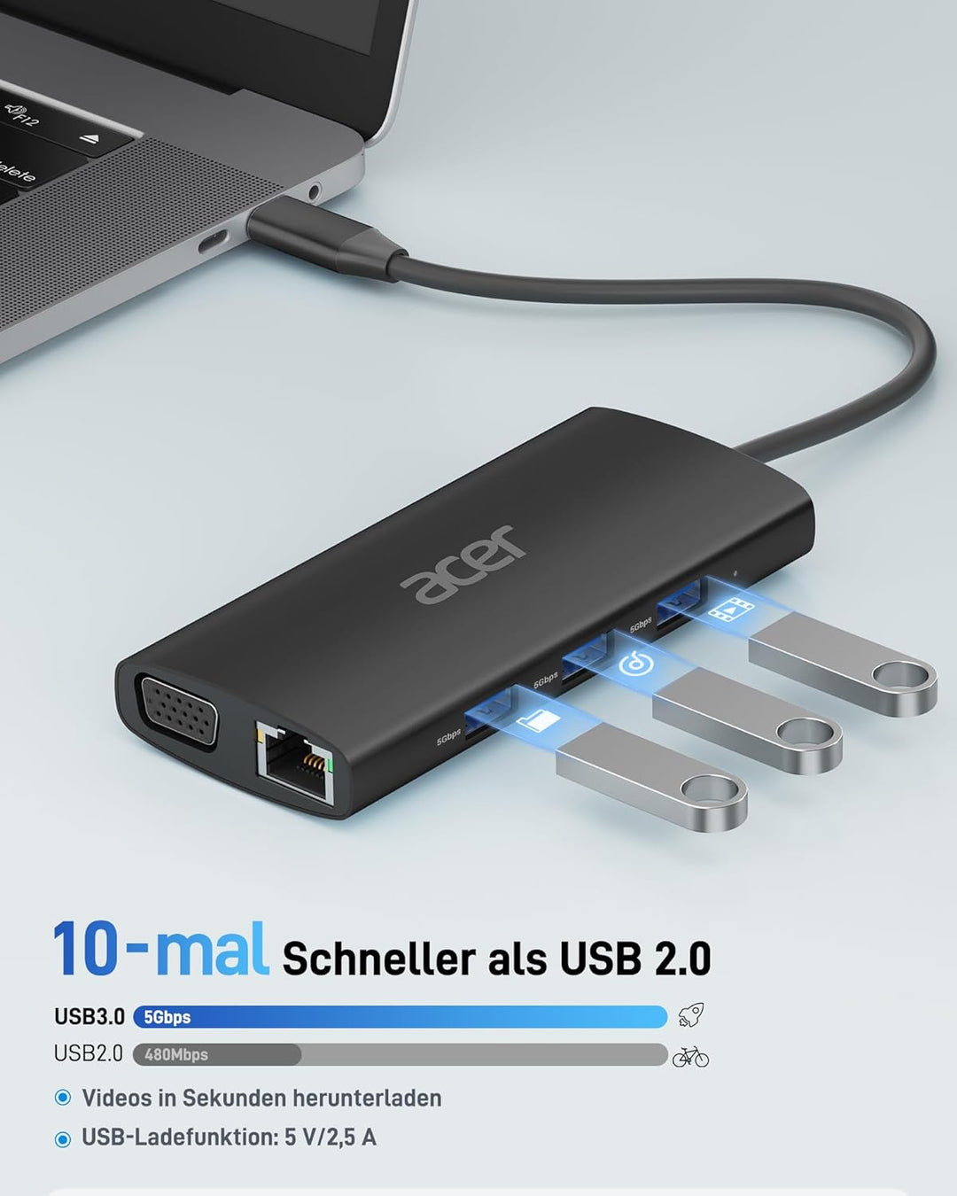 Acer USB-C-Hub mit 4K HDMI, 9-in-1-USB-C-zu-Ethernet-Adapter, 5-Gbps-USB-A-3.1-Dockingstation, PD-10