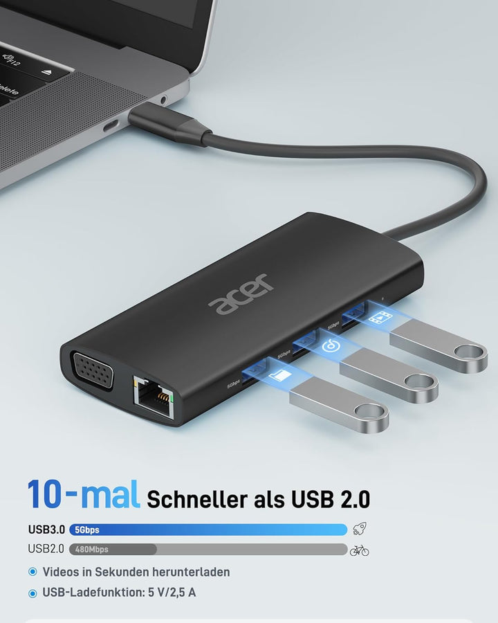 Acer USB-C-Hub mit 4K HDMI, 9-in-1-USB-C-zu-Ethernet-Adapter, 5-Gbps-USB-A-3.1-Dockingstation, PD-10