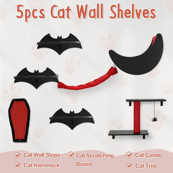 Gothic Katzen Wandregal Set, 7-teilig – Wandmontierter Kletterbaum für Katzen mit Brücke, Leiter, St