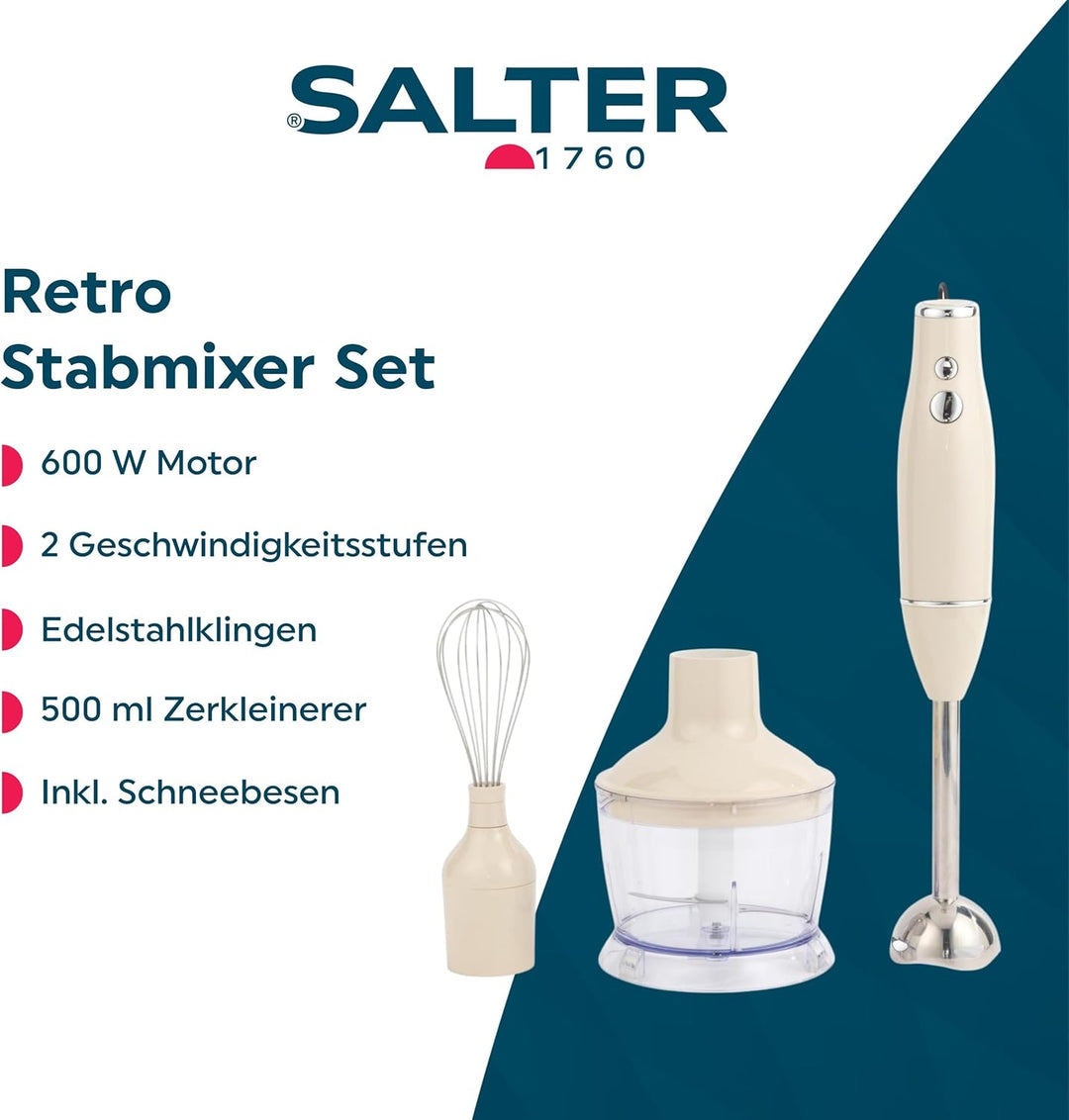 Salter Retro 3-in-1 Blender Set – 600W Motor, 2 Geschwindigkeiten, Schneebesen und Klingen aus Edels
