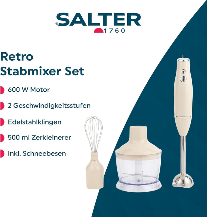 Salter Retro 3-in-1 Blender Set – 600W Motor, 2 Geschwindigkeiten, Schneebesen und Klingen aus Edels