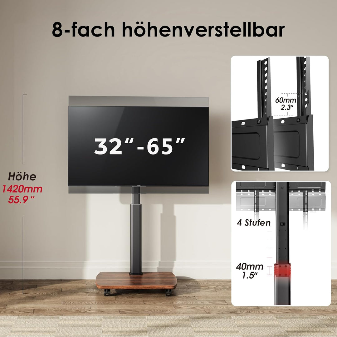 AOKCOS TV Ständer Rollbar mit Holzablage, Fernsehständer auf Rollen für 32-65 Zoll Fernseher, TV Bod