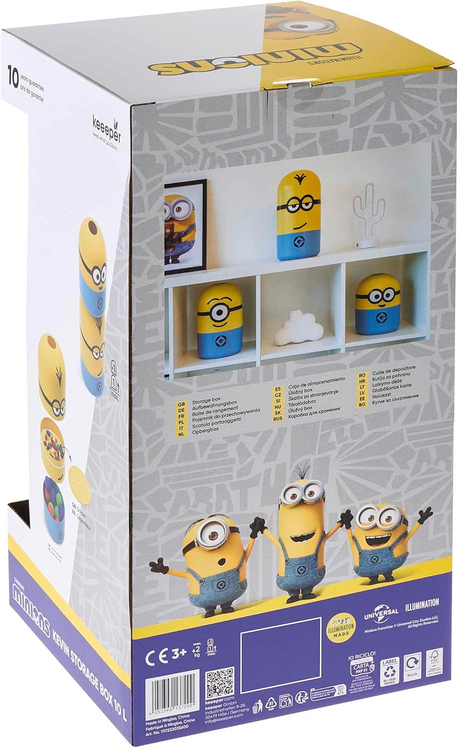 keeeper minions Aufbewahrungsbehälter Kevin, 20 x 20 x 38 cm, 10 l, Stapelbar und leicht zu öffnen,