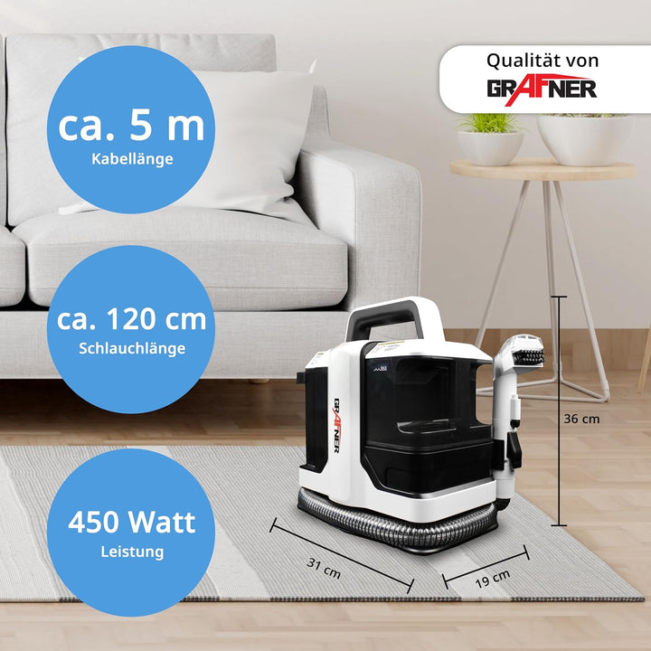 Grafner Waschsauger und Fensterreiniger mit Dual-Tank, 2 Bürsten, Fensterabzieher und Lanze, Flecken