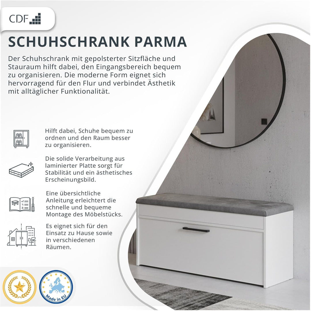 CDF Schuhschrank Parma | Farbe: Weiss | Ideal für Diele, Flur, Büro | Schuhaufbewahrung | Bequemer S