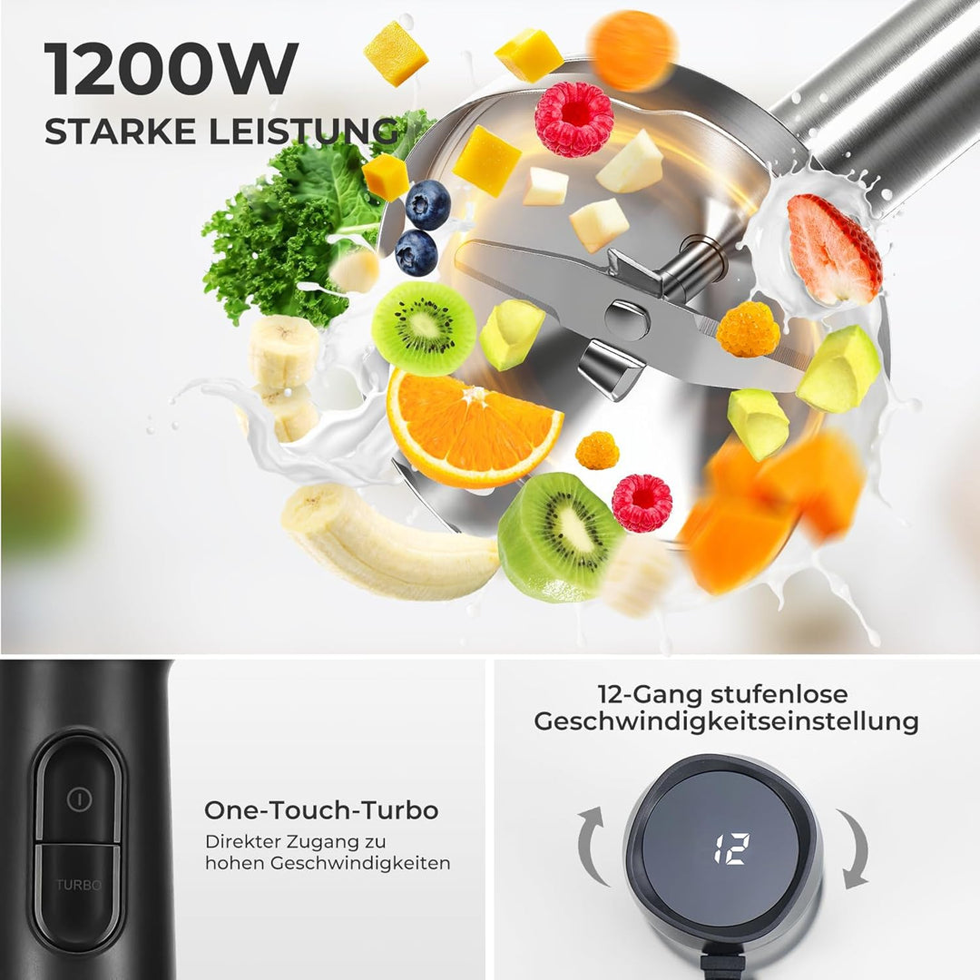 1200 Watt Stabmixer Set, Edelstahl Pürierstab für Suppen, Babybrei & Sossen | 12 Geschwindigkeitsstu