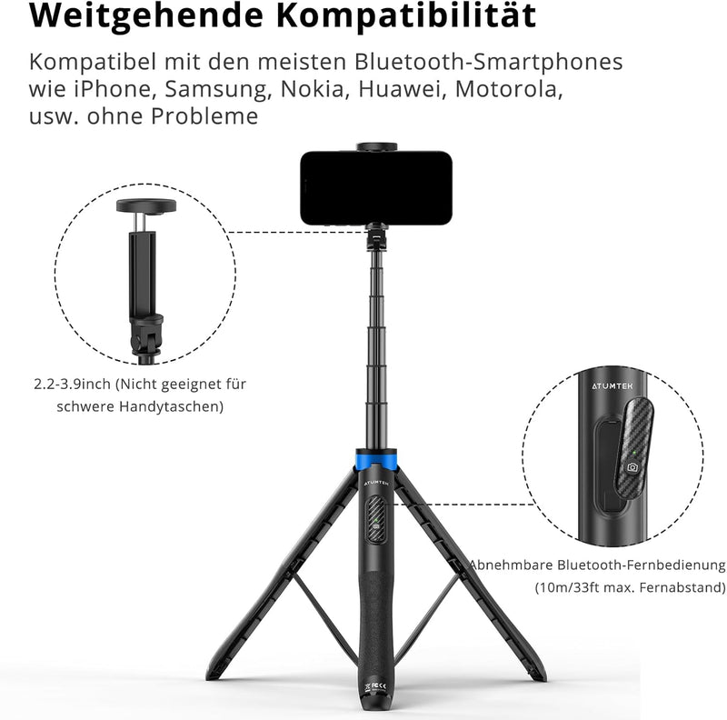 ATUMTEK 130CM Selfiestick, Bluetooth Selfie-Stick mit Hochbelastbarem Aluminium und Rutschfesten Dre
