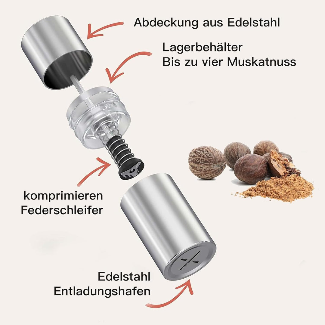 Edelstahl GebüRstet MuskatnussmüHle, Premium MuskatmüHle, Muskatreibe Mit VorratsbehäLter FüR Feinst