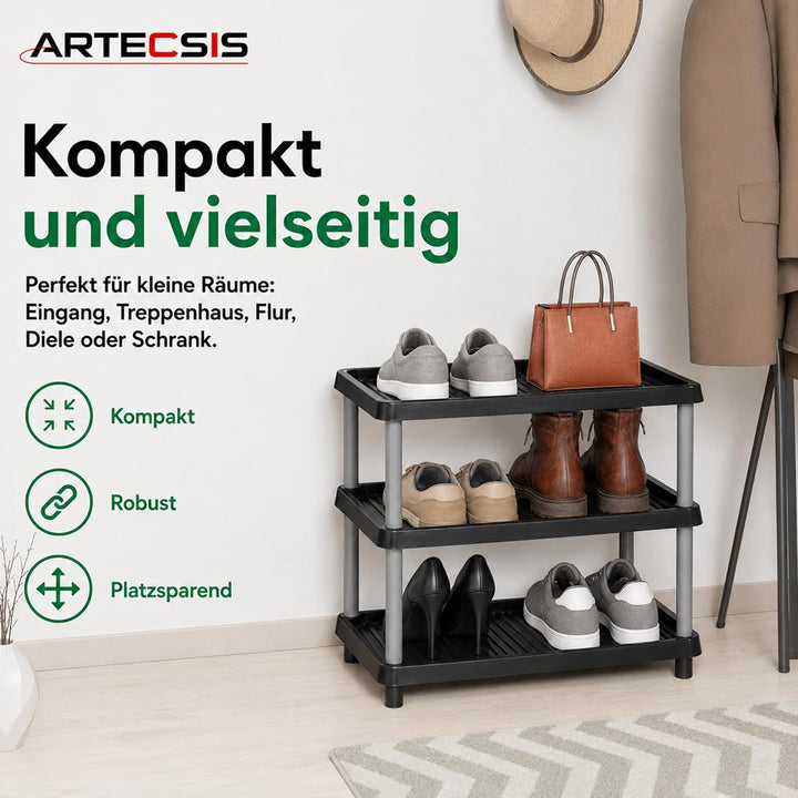 ARTECSIS Schuhregal schmal 3 Ebenen Schwarz I Schuhablage aus Kunststoff 49,5x34,5x43cm, 3 Ebenen