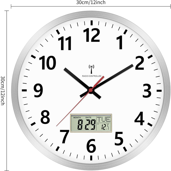 Foxtop Wanduhr Funk Analog 30cm Digitale Wanduhr mit Temperatur und Datum LCD-AnzeigeUhr für Küche,