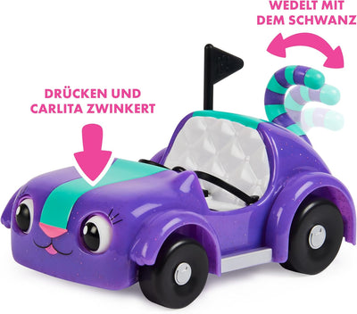 Gabby’s Dollhouse, Carlita-Spielzeugauto mit Pandy Paws-Sammelfigur, 2 Zubehörteilen und 1 Überrasch