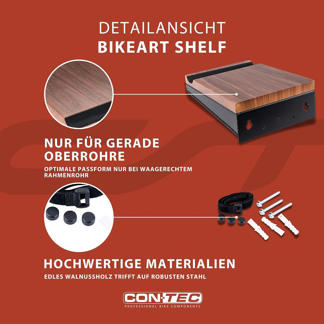 CONTEC Wandpräsenter bikeART shelf, 25kg, aus Stahl und Walnussholz, inkl. Befestigungsmaterial, für