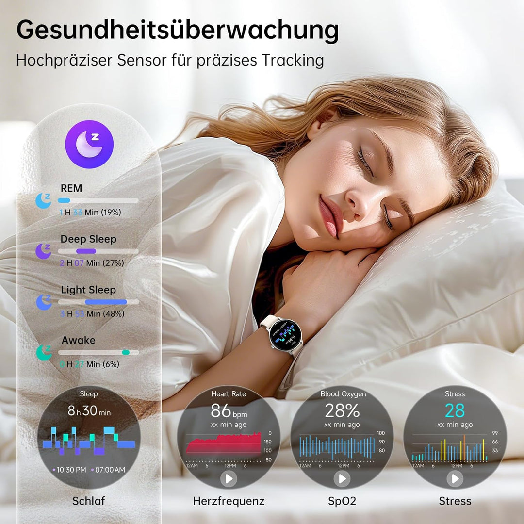 Smartwatch Damen Herren Rund, 1.27" AMOLED Smart Watch mit Telefonfunktion, Fitnessuhr mit Pulsuhr S