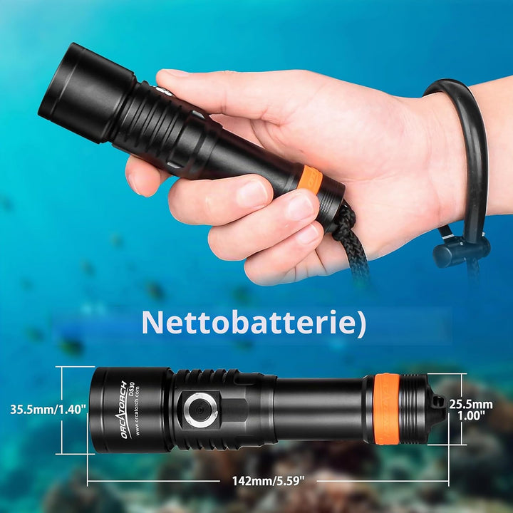 ORCATORCH D530 Tauchlicht, 1300 Lumen, 8 Grad schmaler Abstrahlwinkel, Titanlegierung, Seitenknopfsc