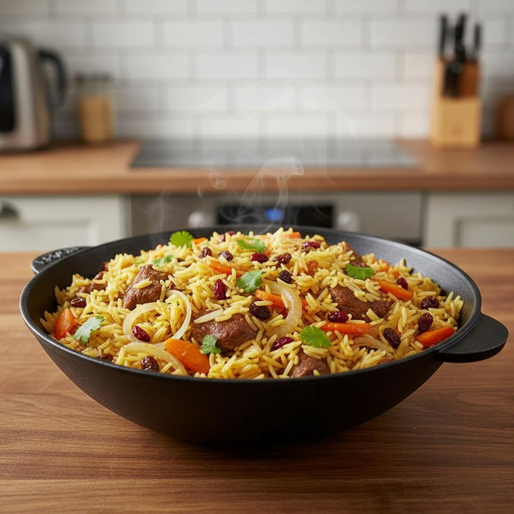 BIG-PAN Wokpfanne Gusseisen 28 cm, 3,7 L für alle Herdarten inkl. Induktion Asia Wok Bratpfanne Schm