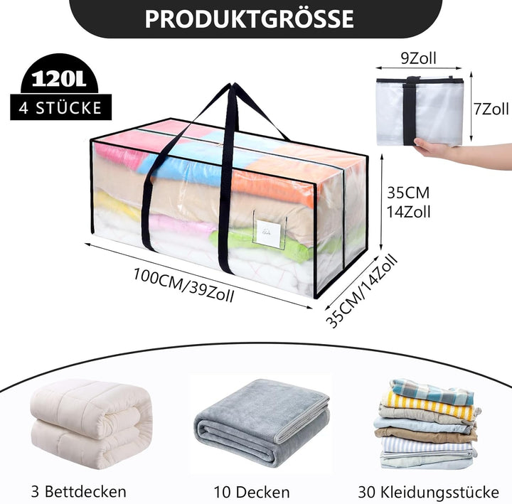 Dntorx 4 Stück 120L Aufbewahrungstasche, Heavy-Duty Umzugstaschen Transparente Umzugskartons Grosse