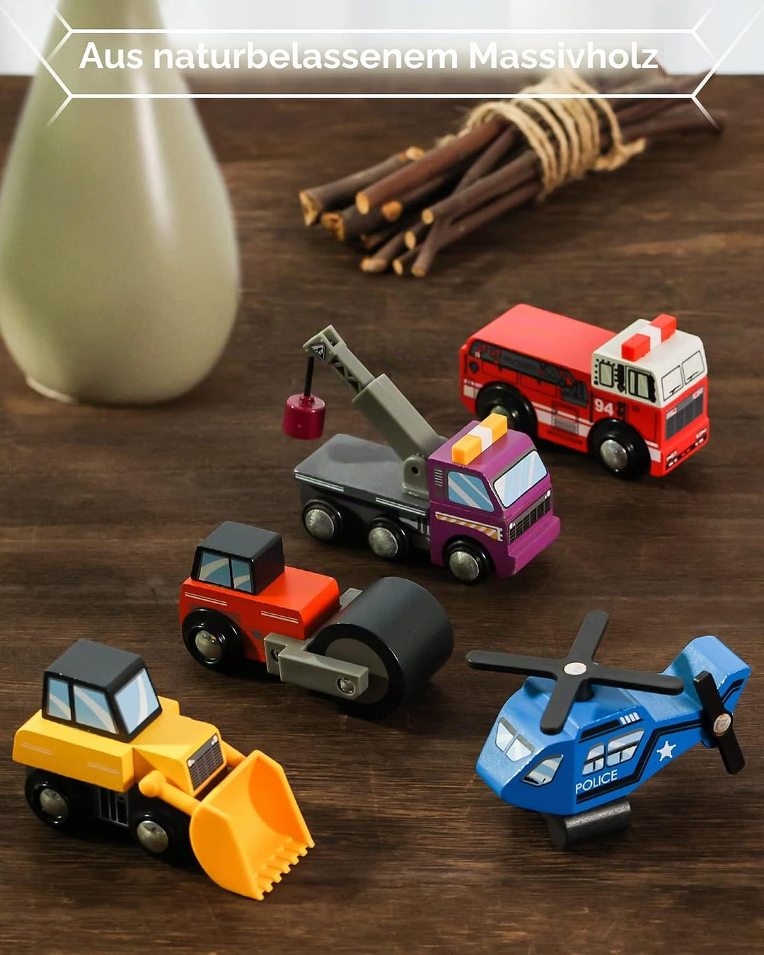 SainSmart Jr. Holzfahrzeuge Set (10 Stück), Spielzeug Autos mit Feuerwehr, Polizei, Krankenwagen &amp; B