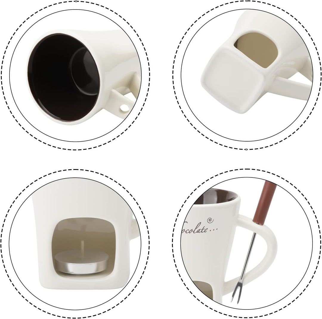 Schokofondue Tasse Keramik Schokoladenfondue mit Gabeln,200ml Keramik Schokoladenfondueset,Becher zu
