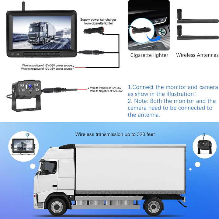 VECHTEL 1080P Drahtlose Rückfahrkamera, Kit Monitor mit 7 Zoll IPS Bildschirm für LKW, Bus, Van, Woh