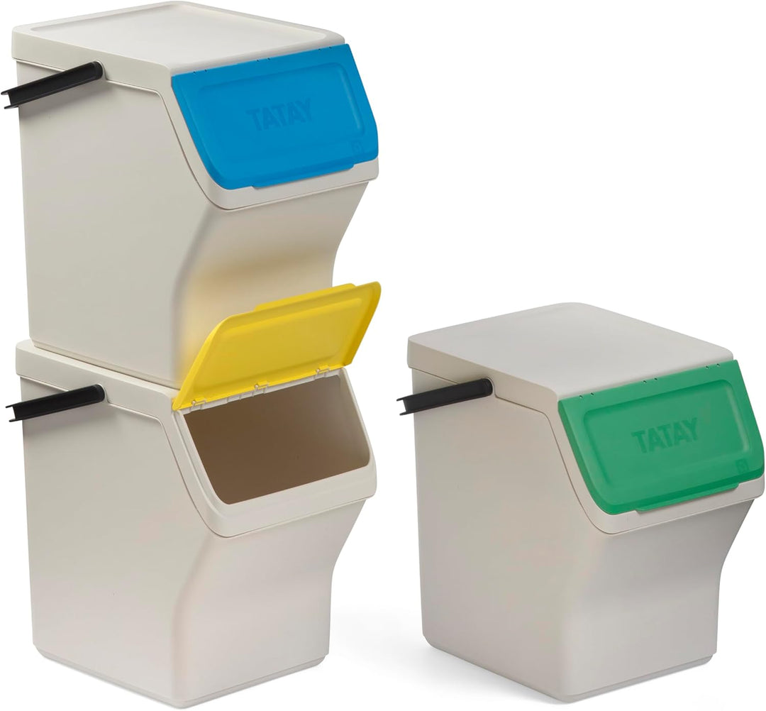 TATAY Mülltrennsystem Easy Waste 20L | 3er Set Recycling Behälter | Modular und Stapelbar | Deckel m