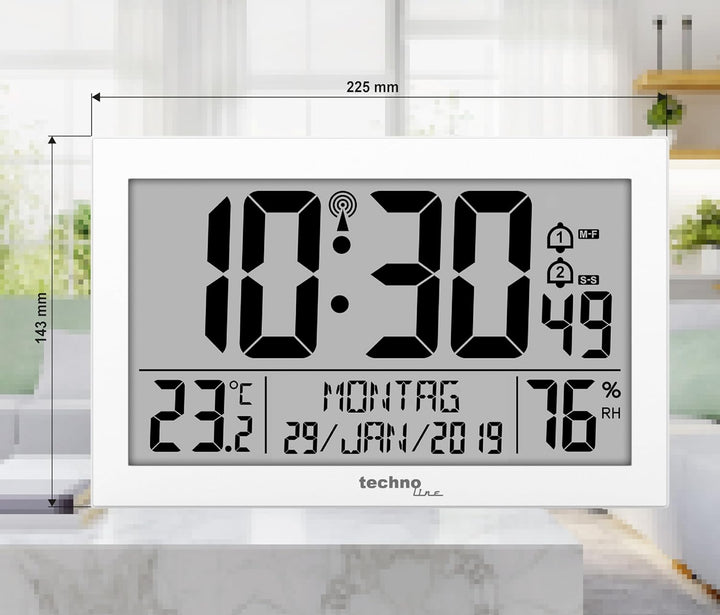 Technoline WS 8016 Moderne, Digitale Funk-Wand-Uhr mit Temperaturanzeige, Kuststoff, weiss, 225 x 14