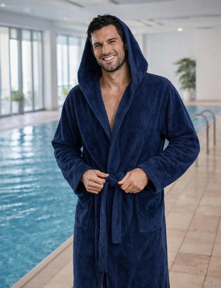 Morgenstern Bademantel Herren Kapuze Frottee 100% Baumwolle Lang Cadiz Salamanca XXL Marine, XXL Mar