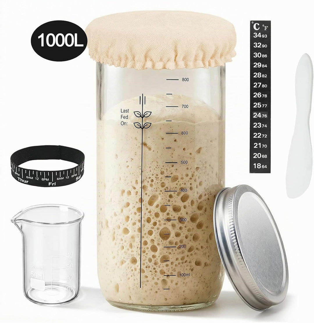 Sauerteig Starter Set aus Glas 1000ml - Anstellgut Glas Behälter mit Spatel Fermentierglas Cloth Cov