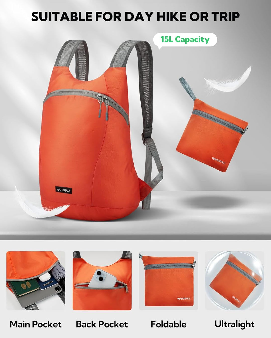 WATERFLY Faltbarer Rucksack Klein 15L: Ultraleicht Wanderrucksack Packable Tagesrucksack Sportliche