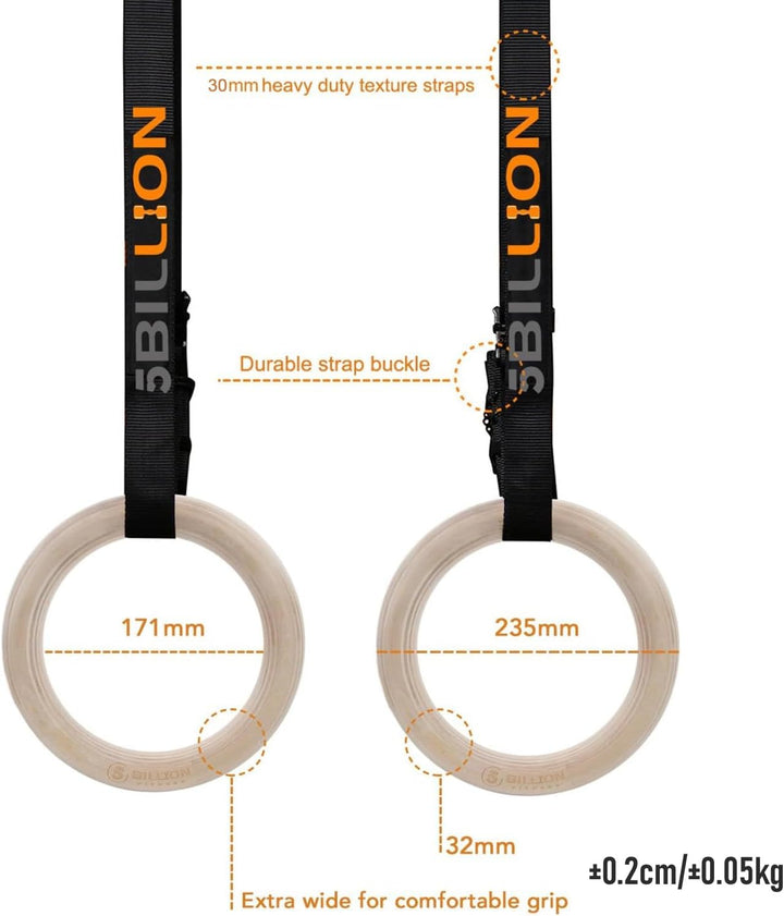 5BILLION Turnringe Holz Gymnastikringe Ringe Turnen für Fitness mit Hochfeste Nylon Gurtbänder mit S