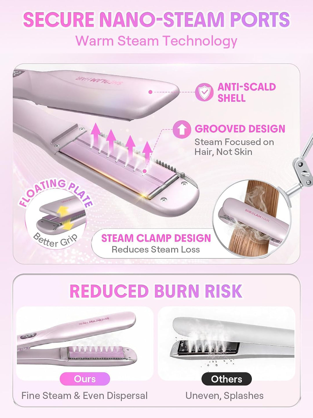 SHEGLAM Dampf-Glätteisen, Keramik-Glätteisen 38 mm | Nano-Dampf Anti-Scald, 90% weniger Hitzeschäden