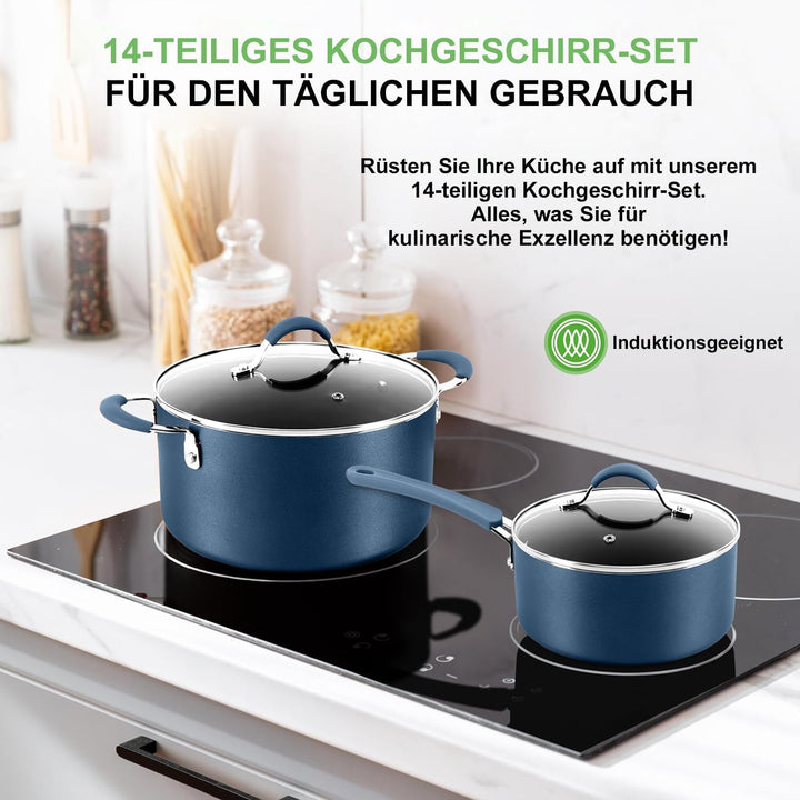 NutriChef Pfannenset & Topfset Induktion 14-teilig, PFOA/PFOS-frei, Antihaftbeschichtet, Kochtopf Se