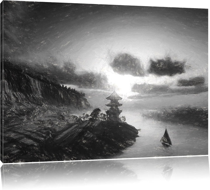 Pixxprint Chinesisches Haus am See Kunst / 100x70cm Leinwandbild bespannt auf Holzrahmen/Wandbild Ku