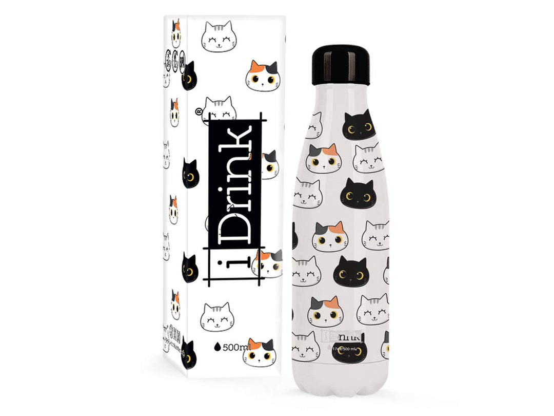 I-Drink - Trinkflasche 350/500/1000 ML Thermoflasche aus Stahl (500 ML, Cat) 500 ml (Confezione da 1