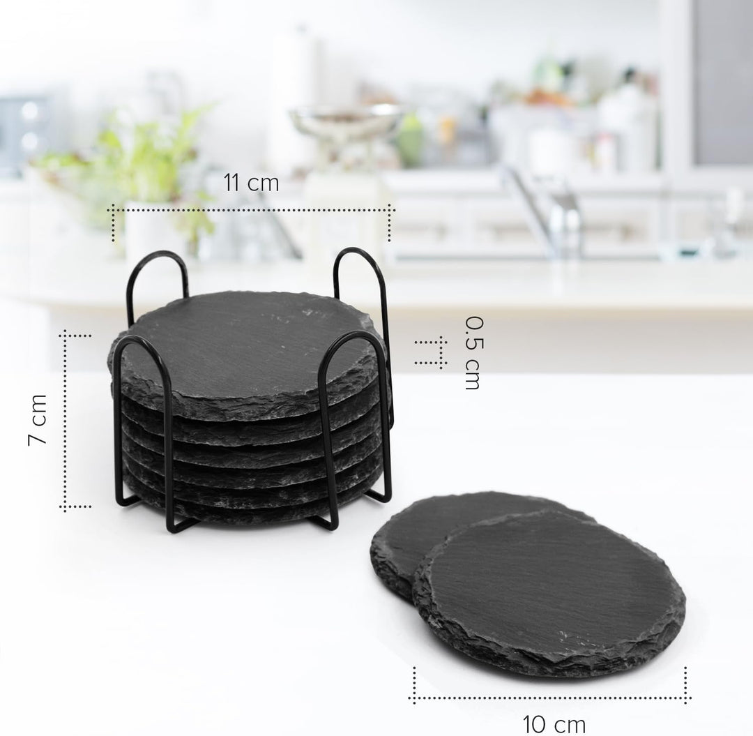 Joejis Schiefer-Untersetzer Set von 8 - Premium Schwarze Getränkeuntersetzer mit stilvollem Halter,
