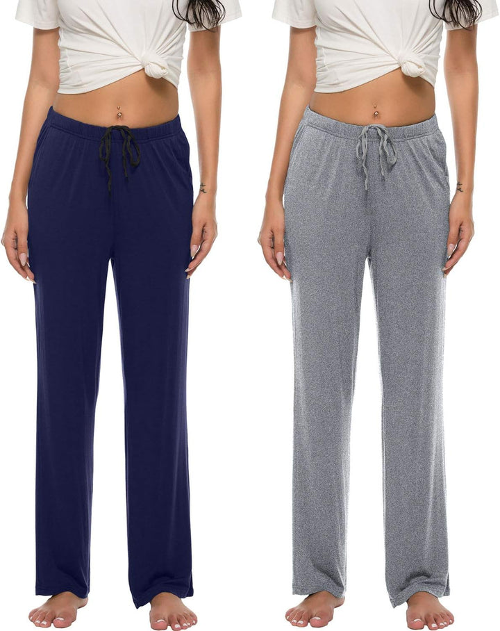 MoFiz Damen Schlafanzughose Lang Pyjamahose Nachtwäsche Weich Loungehose Freizeithose mit Taschen S