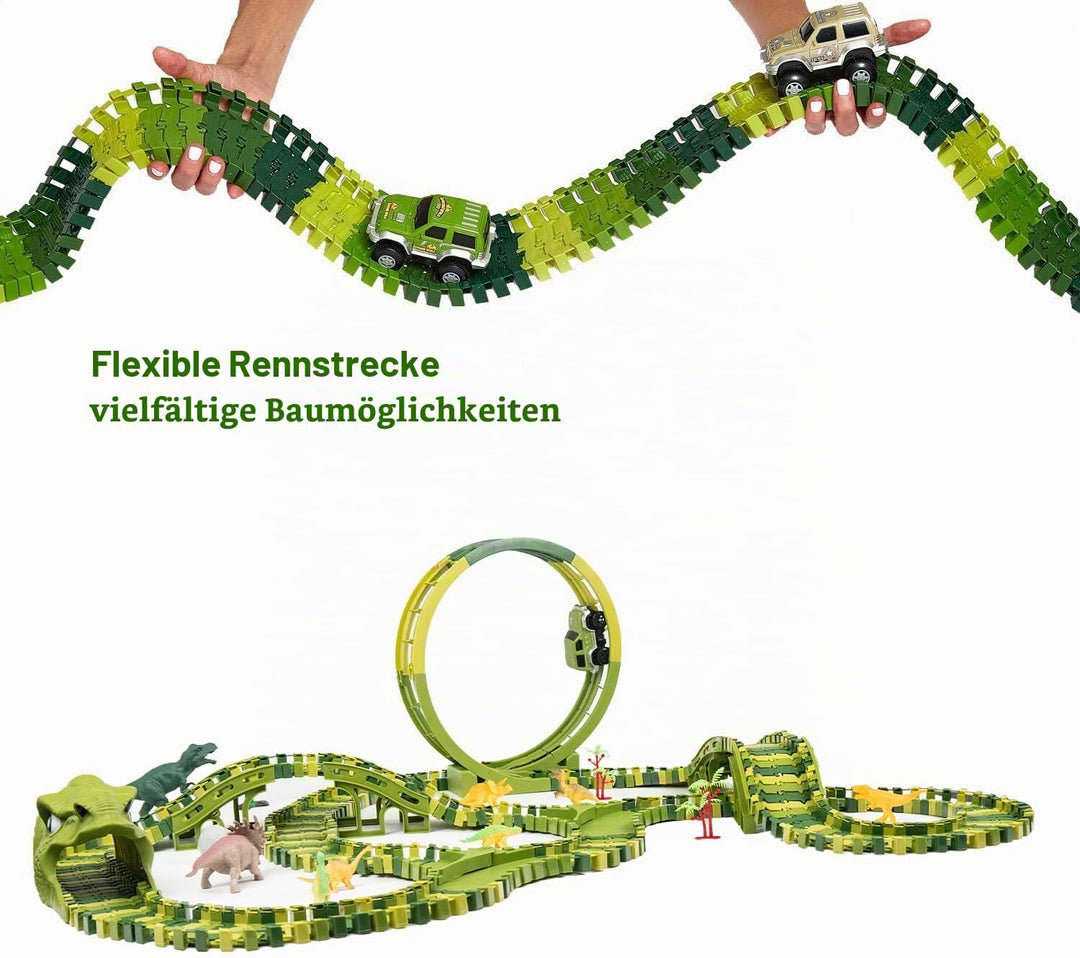 CELMAN Dinosaurier Spielzeug - Flexibles Rennbahn mit viele Teilen und Geländewagen, Autorennbahn Sp