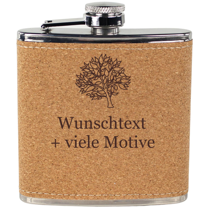 Flachmann Kork mit Gravur, Name + Motiv, Edelstahl mit Korkmantel, Schnapsgeschenk für Männer und Fr