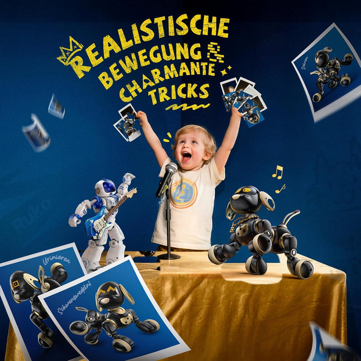 Ruko 18011 Roboter Robo Hund für Kinder, LED Ausdrücke, Schwarz Gold | programmierbar, 2,4 GHz Fernb