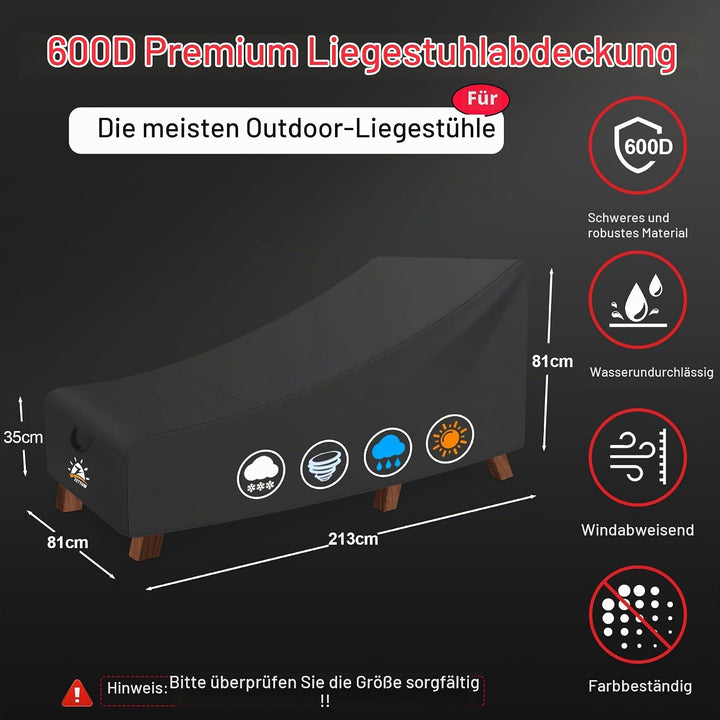 Zettum 210 cm Abdeckung für Sonnenliege, 600D Oxford PU Beschichtung Gartenliege Abdeckung, Wasserdi