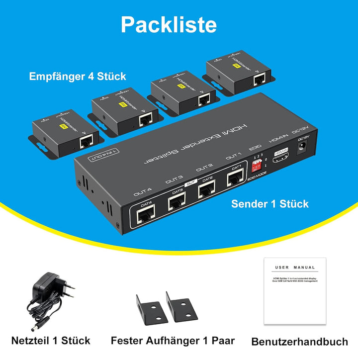 VPFET HDMI Extender Splitter über Cat5e 6 165ft 1 In 4 Out Übertragung Balun Ethernet Unterstützt 10