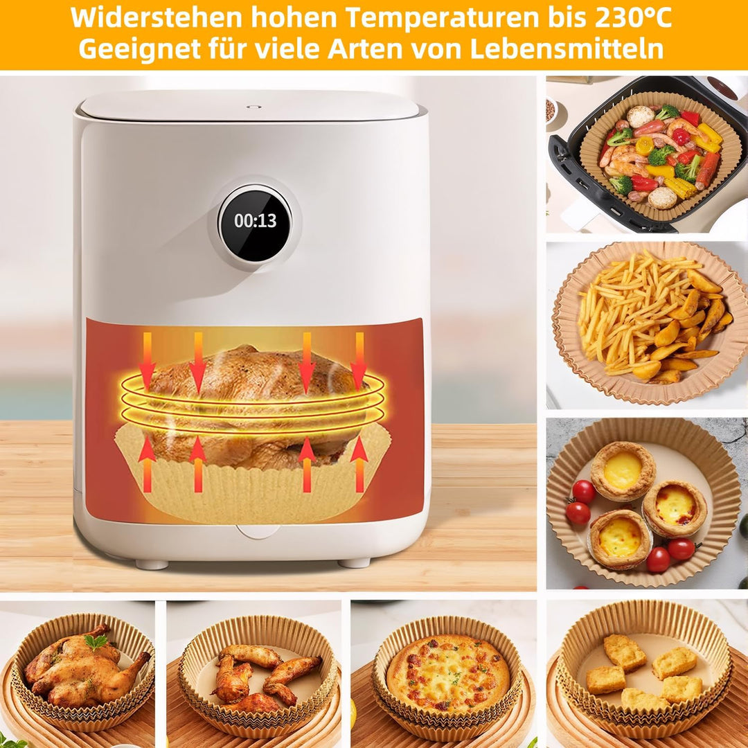HONYAO Backpapier für Heissluftfritteuse XXL 6,2-8 L, Rund 23 cm 100 Stück Pergamentpapier Airfryer