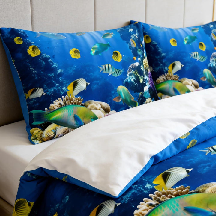 EHAOKK 3D Meer Tier Bettwäsche Set,Delfin,Tropischer Fisch,Korallen,Meeresleben Bettbezug,Blaue Unte