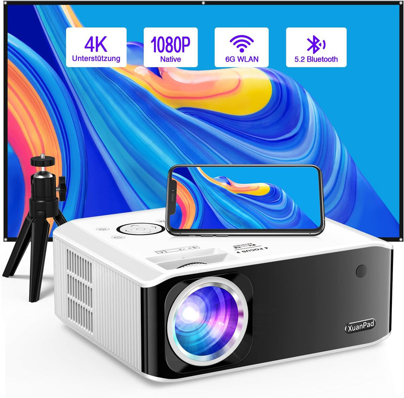 [Elektrischer Trapezkorrektur 6D/4P] Beamer, XuanPad 2024 Verbesserter Nativer 1080P 6G WiFi Bluetoo