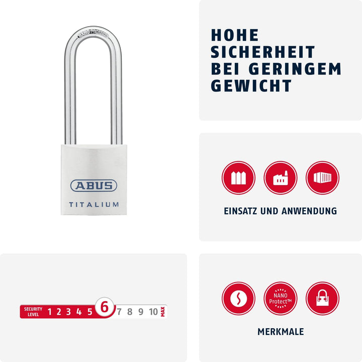 ABUS Titalium Vorhängeschloss 80TI/40HB63 gl.-8011 - gleichschliessend und mit hohem Bügel - leichte