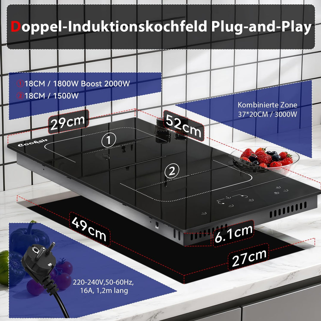 Induktionskochfeld 2 Zonen mit Stecker, Cooksir Kochfeld Induktion Doppel Autark, 3500W, Sensor-Touc