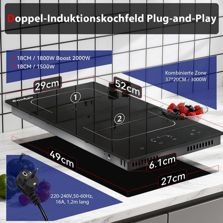 Induktionskochfeld 2 Zonen mit Stecker, Cooksir Kochfeld Induktion Doppel Autark, 3500W, Sensor-Touc