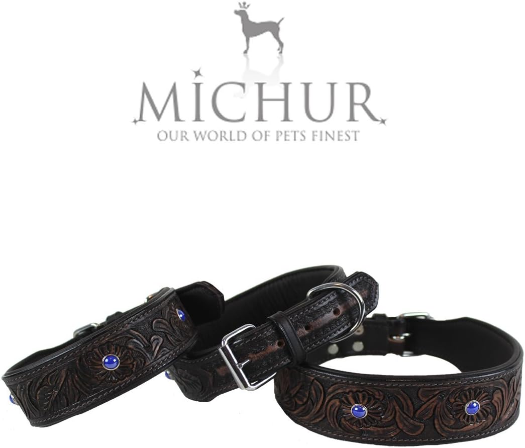 MICHUR Antonio Hundehalsband Leder, Lederhalsband Hund, Halsband, BRAUN, Leder, mit blauen Steinchen